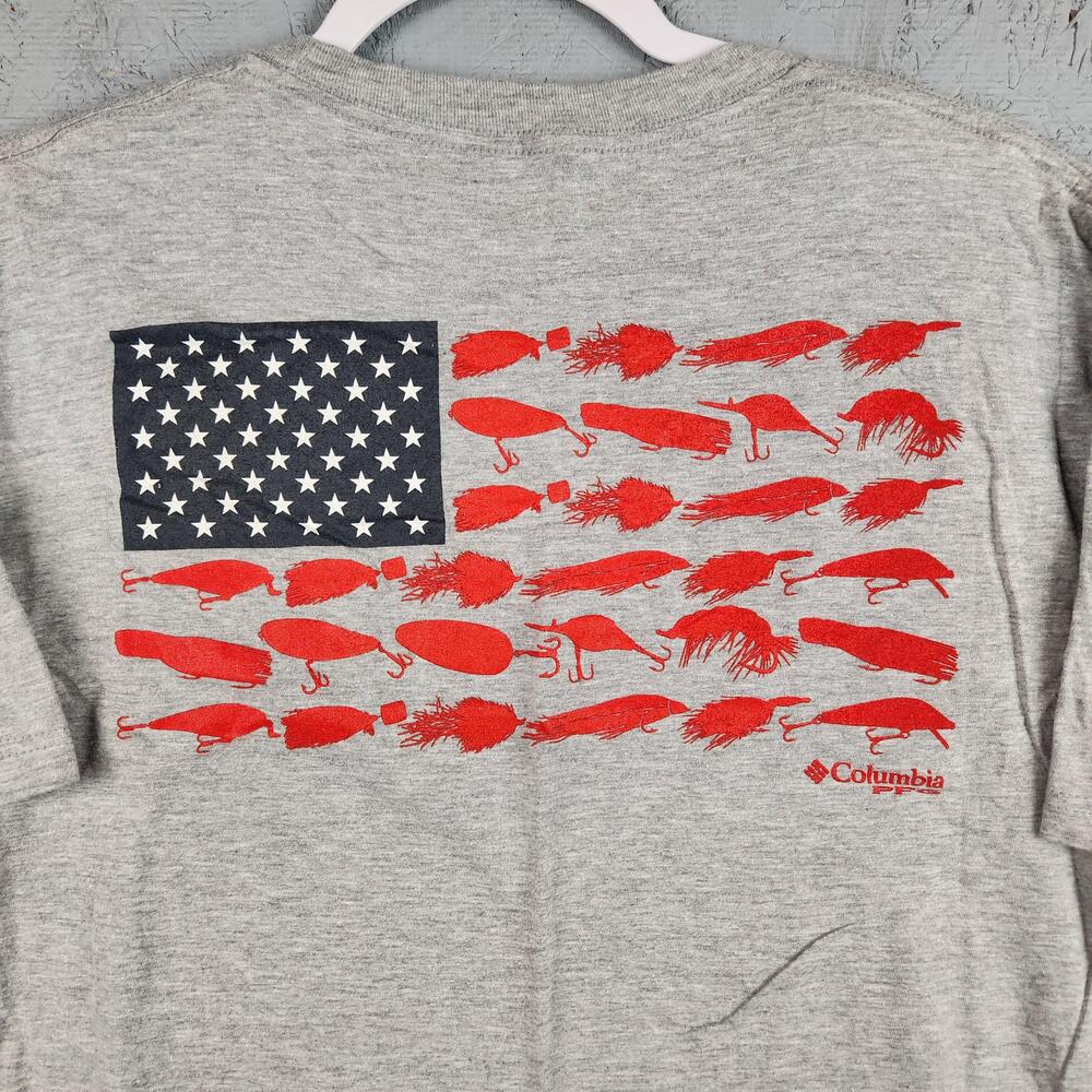 Columbia PFG Shirt Mens Large Gray Short Sleeve Fishing Lures Flag Tee Graphic